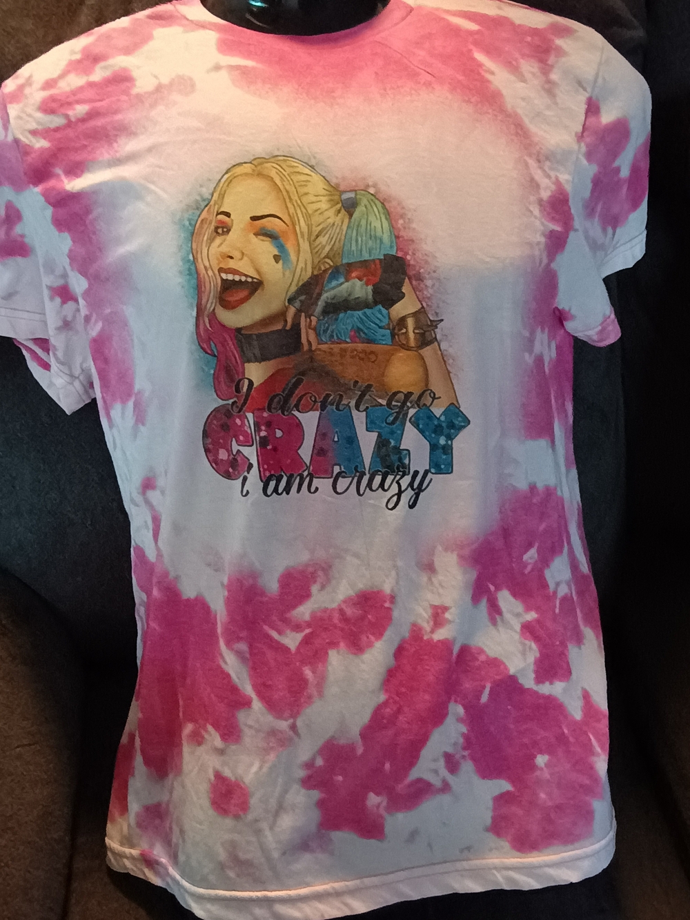 Handmade Harley Quinn T-Shirt Medium Pink Bleached “I Don’t Go Crazy” One of a K